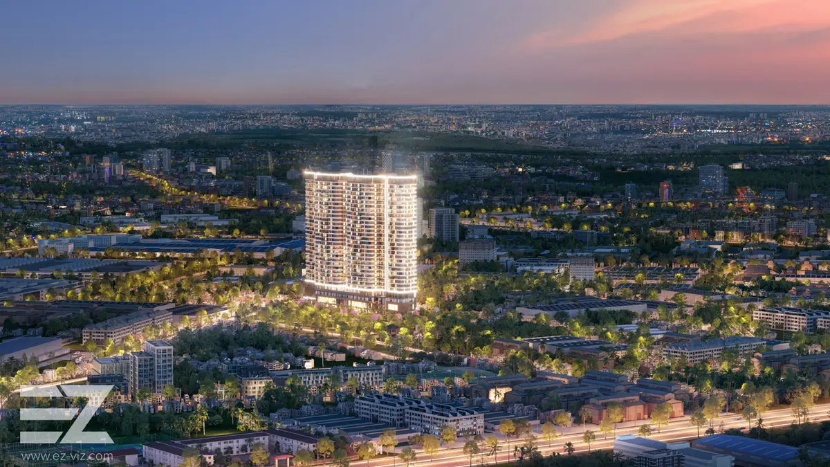 Phối cảnh A&K Tower An Phú nhìn từ trên cao vào ban đêm